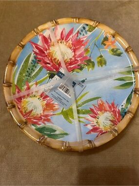 Floral Bamboo-Edge Melamine Dessert Plates  - Blue with Pink Flowers Set of 4